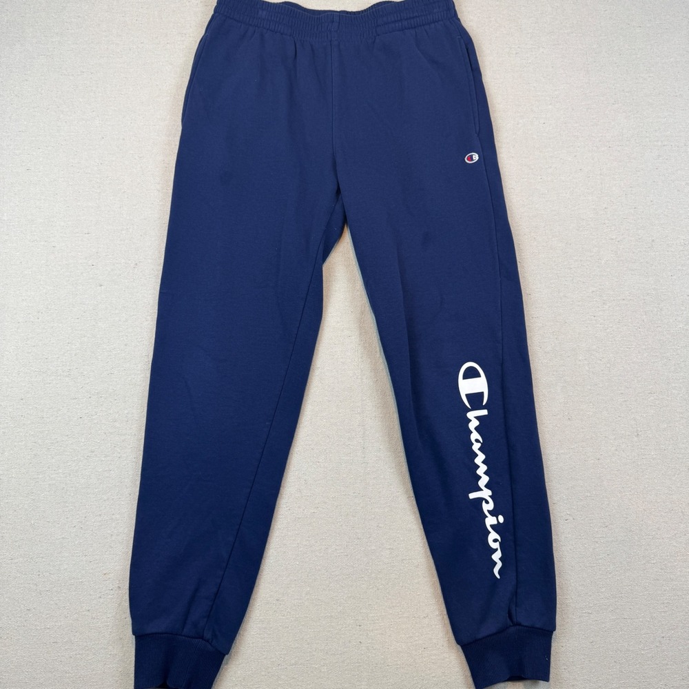 Champion XL Jogger Pants Boys Navy Blue Fleece Lined Script Logo Activewear